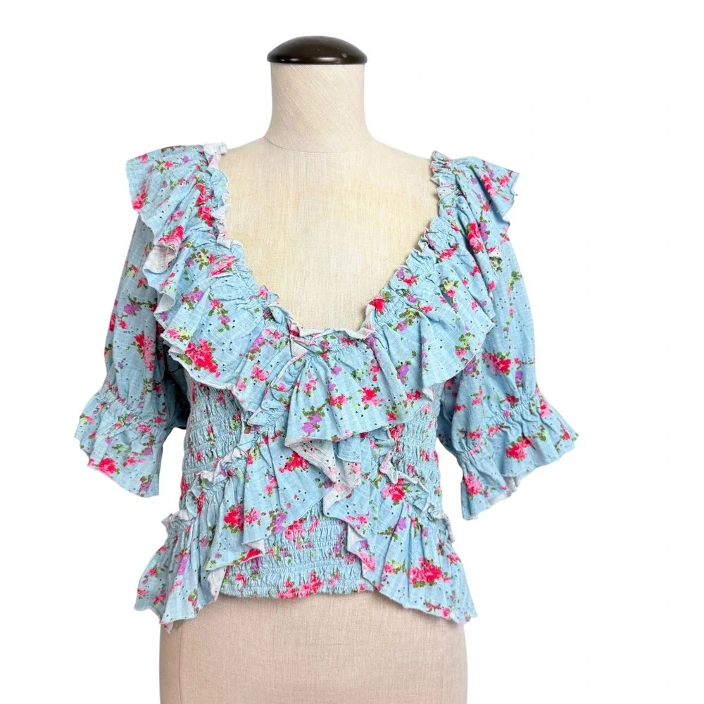 Free People Favorite Girl Floral Ruffle Smocked Top Blue Pink Cotton Size M